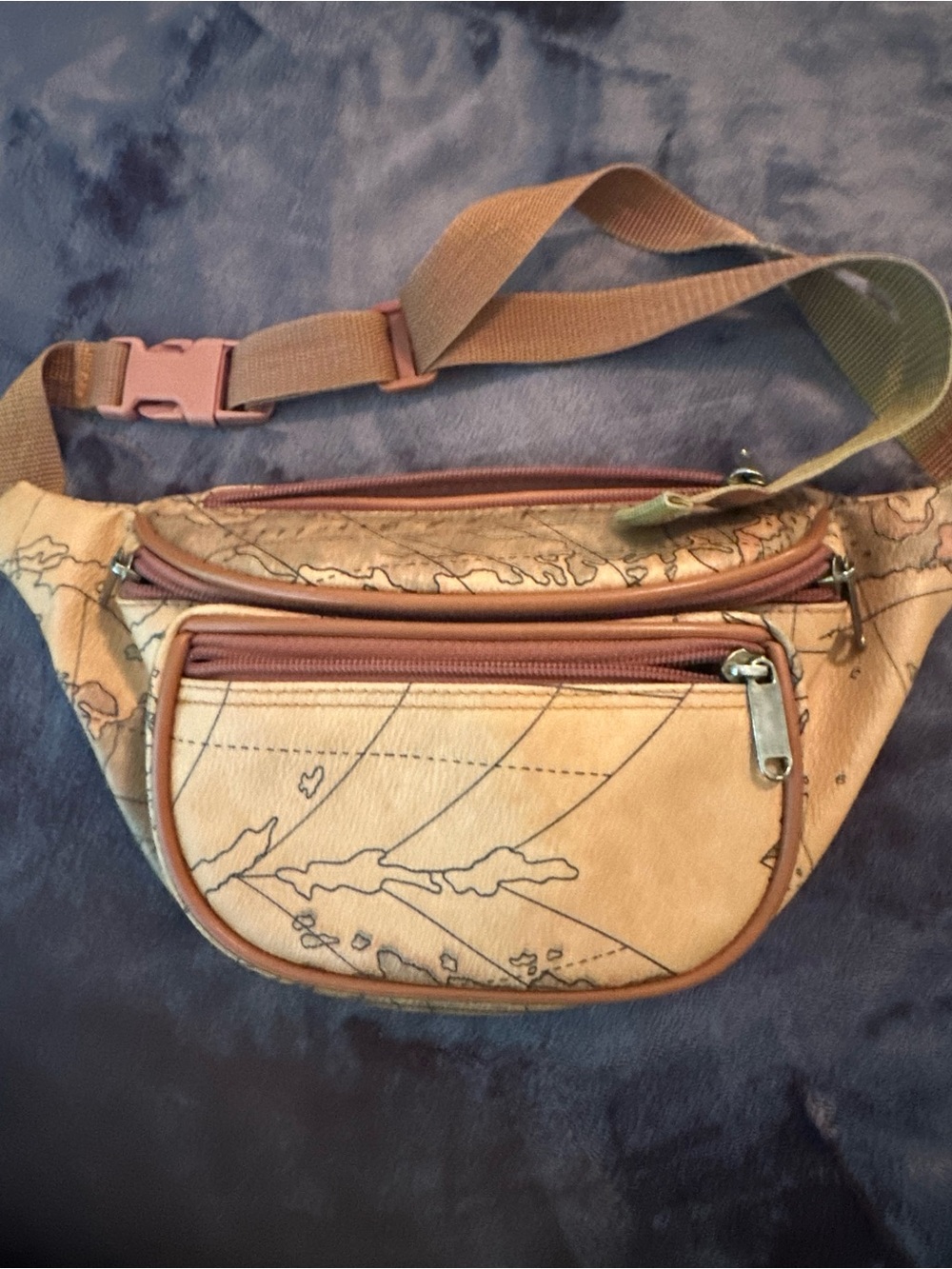 Tan Leather-Style Map Print Waist Bag - Men's Crossbody Pouch